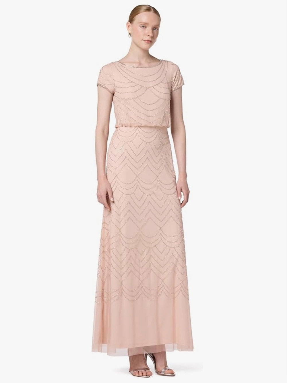 Adrianna Papell - Blush Pink Beaded Short-Sleeve Evening Gown